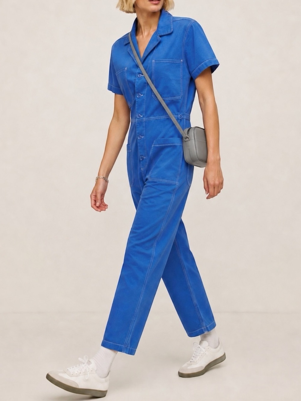 NEW Reformation Morgan Twill Contrast Stitch Short Sleeve Jumpsuit Women’s 2
